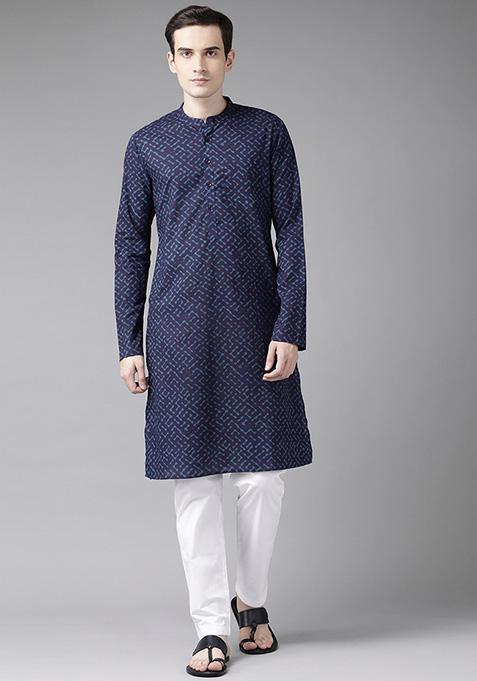 Blue Printed Cotton Staright Kurta For Men