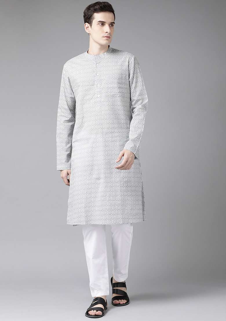 Grey And White Printed Kurta For Men - Indya