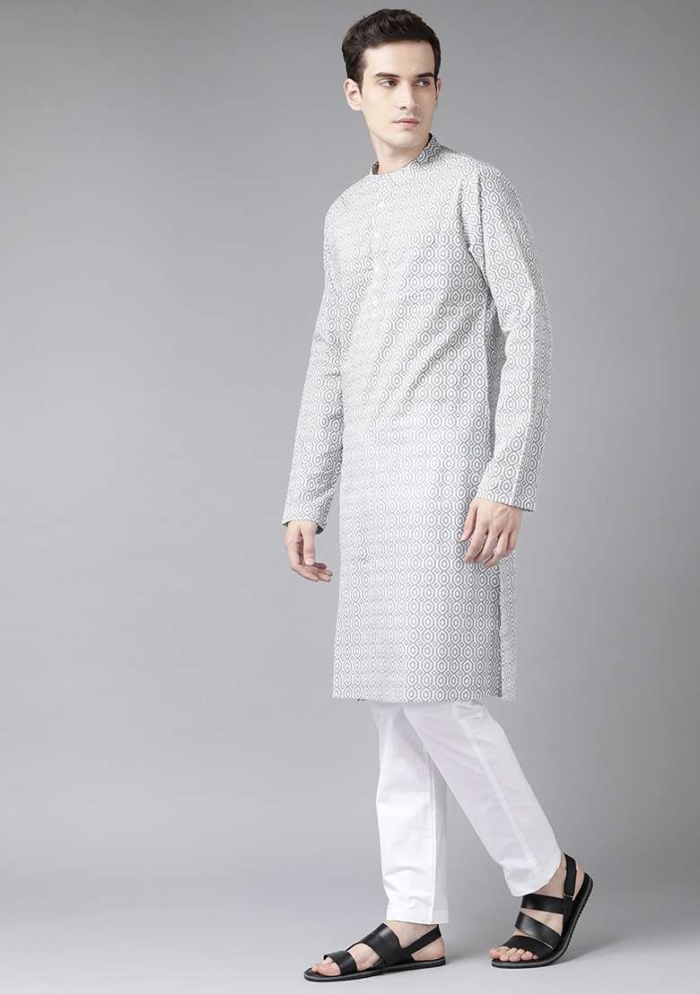 Grey And White Printed Kurta For Men - Indya