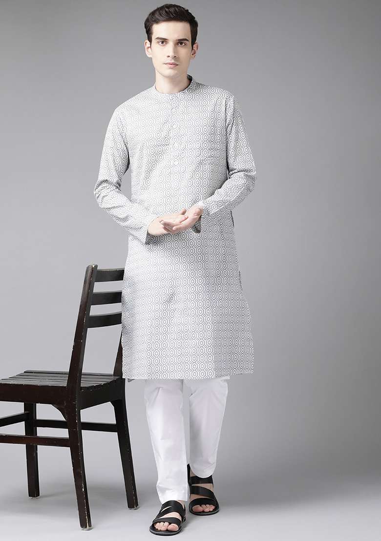 Grey And White Printed Kurta For Men - Indya