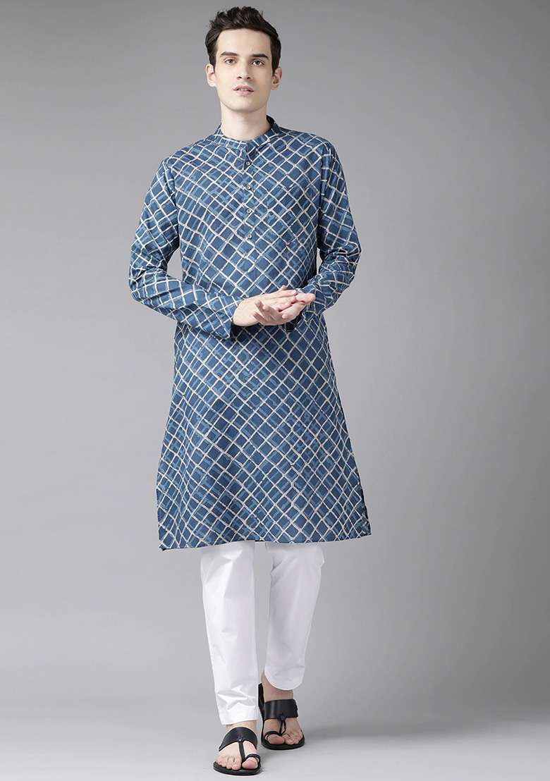 Blue And Beige Printed Straight Kurta For Men - Indya
