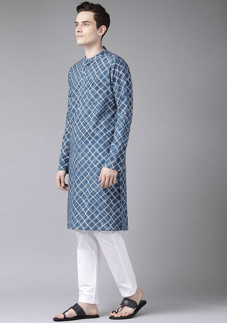 Blue And Beige Printed Straight Kurta For Men - Indya