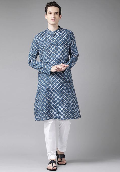 Blue And Beige Printed Straight Kurta For Men