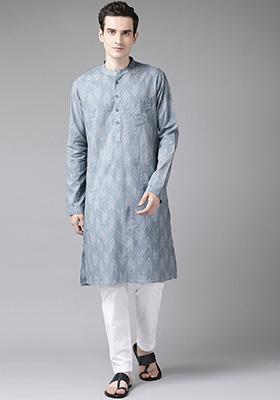 Grey And White Printed Cotton Kurta For Men