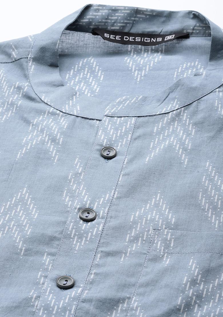 Grey And White Printed Cotton Kurta For Men