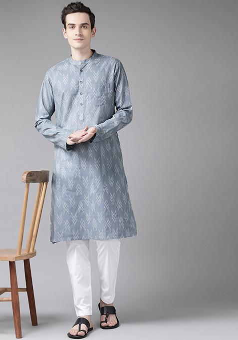 Grey And White Printed Cotton Kurta For Men