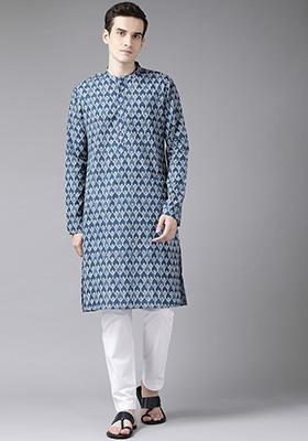 Blue Printed Cotton Straight Kurta For Men