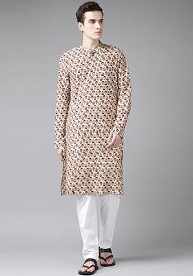 Beige And Maroon Printed Cotton Kurta For Men