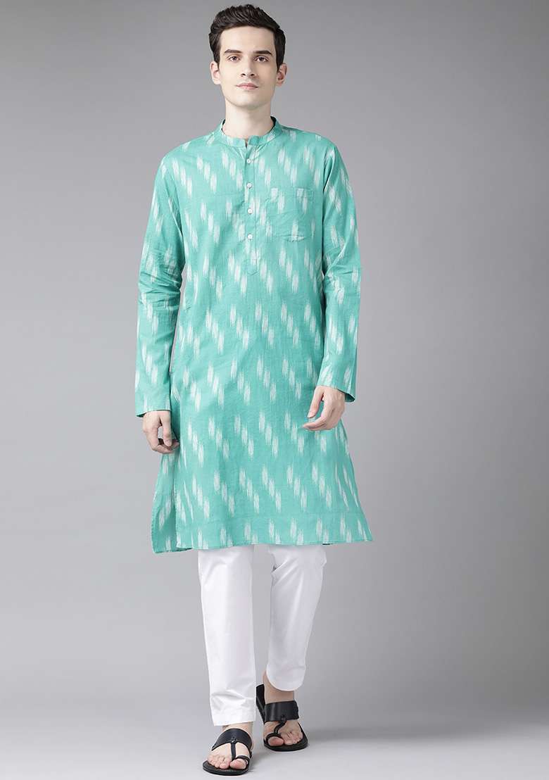 Turquoise Blue Printed Cotton Kurta For Men - Indya