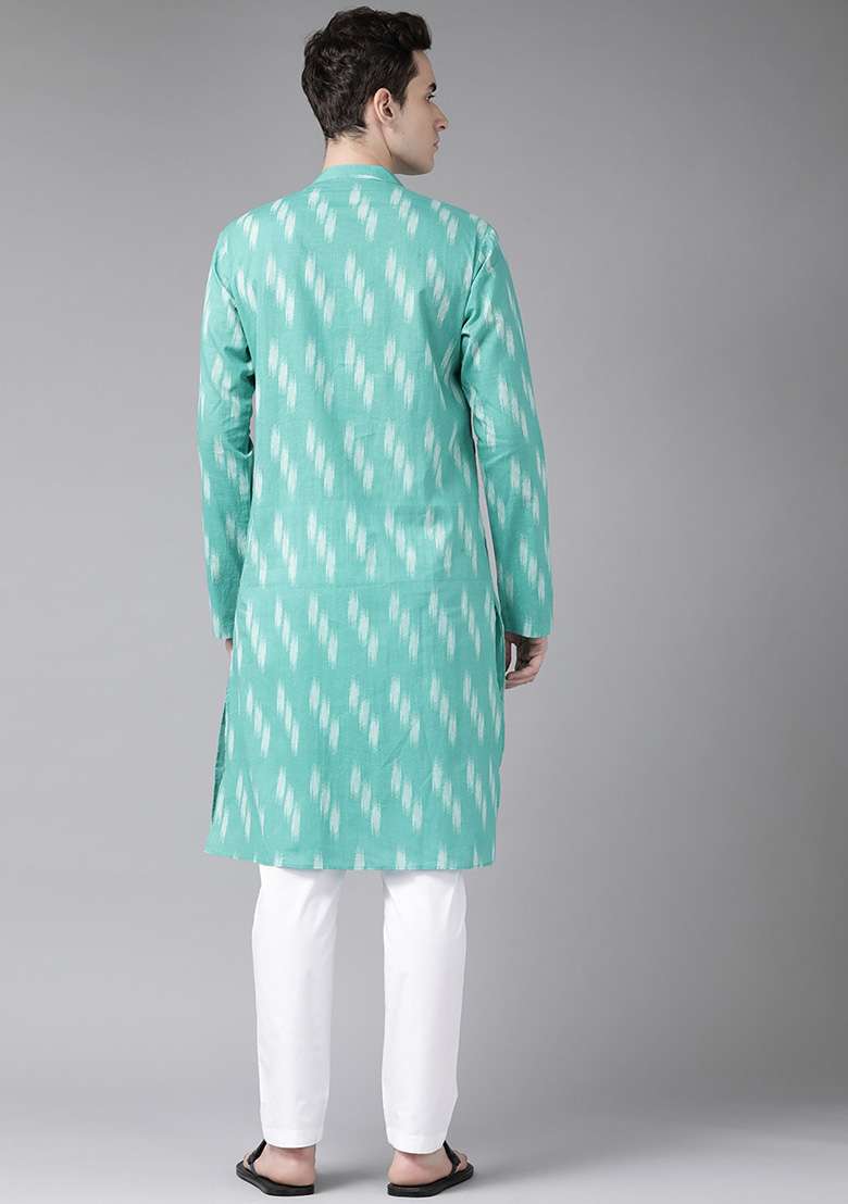 Turquoise Blue Printed Cotton Kurta For Men - Indya