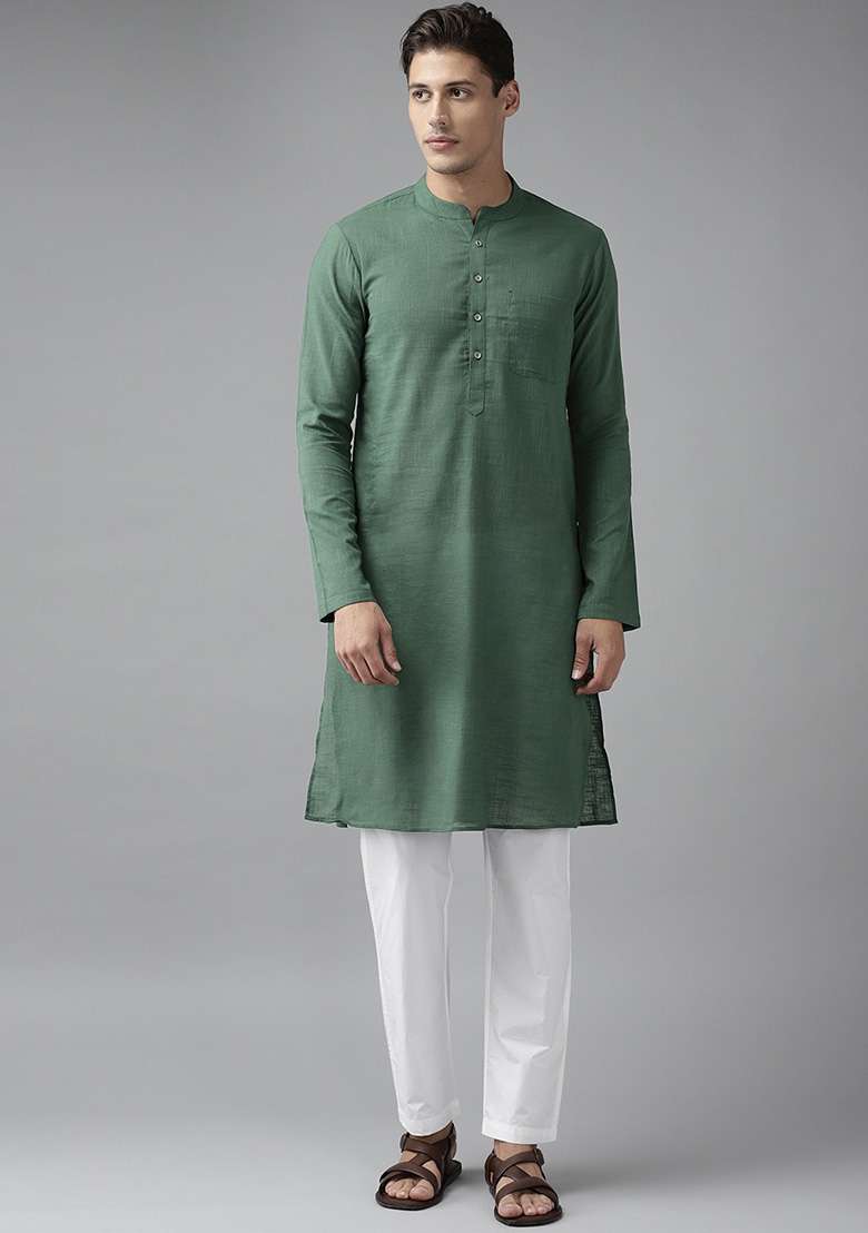 Green Slub Straight Cotton Kurta Set For Men - Indya
