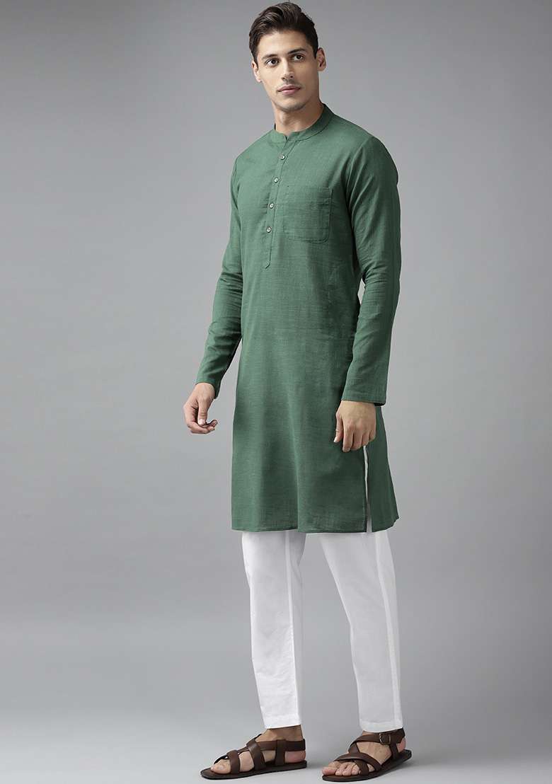 Green Slub Straight Cotton Kurta Set For Men - Indya