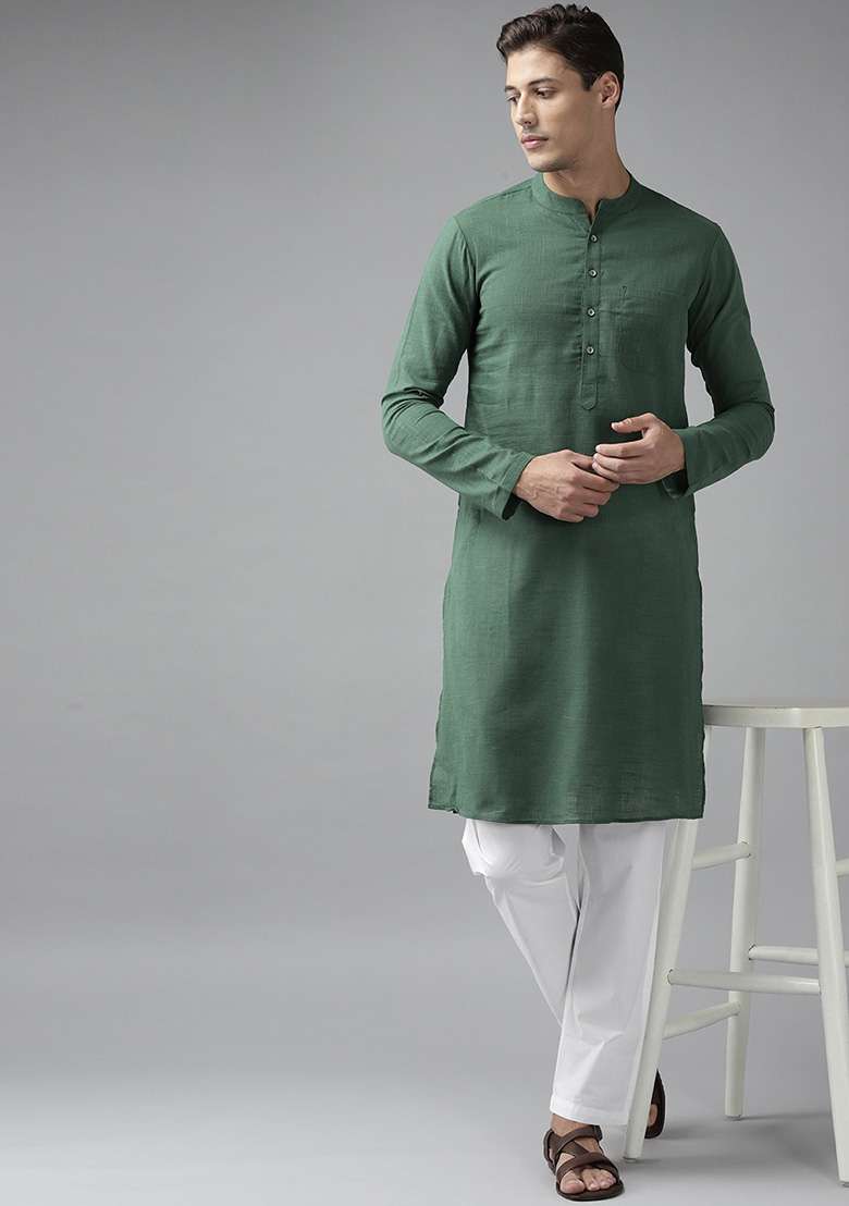 Green Slub Straight Cotton Kurta Set For Men - Indya