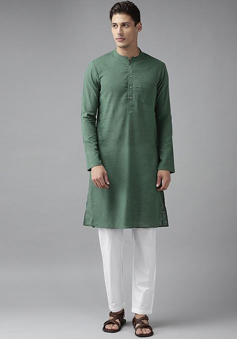 Green Slub Straight Cotton Kurta Set For Men