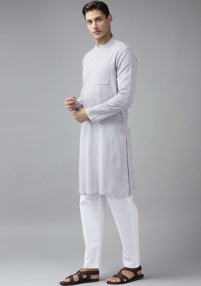 Grey Slub Straight Cotton Kurta Set For Men - Indya