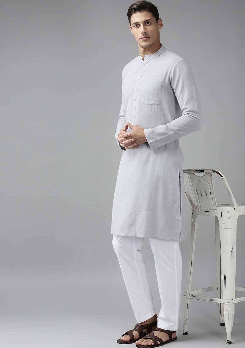 Grey Slub Straight Cotton Kurta Set For Men - Indya