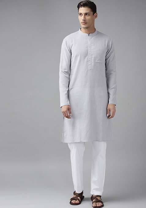 Grey Slub Straight Cotton Kurta Set For Men