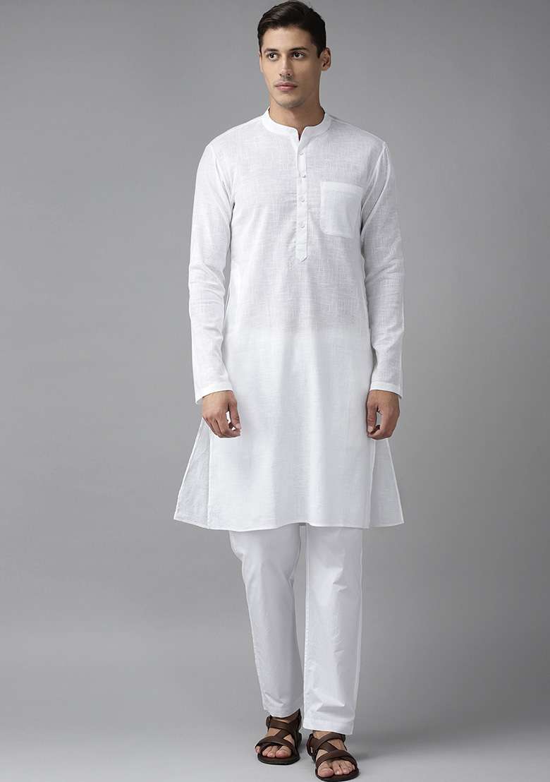 White Slub Straight Cotton Kurta Set For Men - Indya