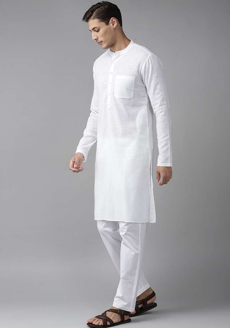 White Slub Straight Cotton Kurta Set For Men - Indya