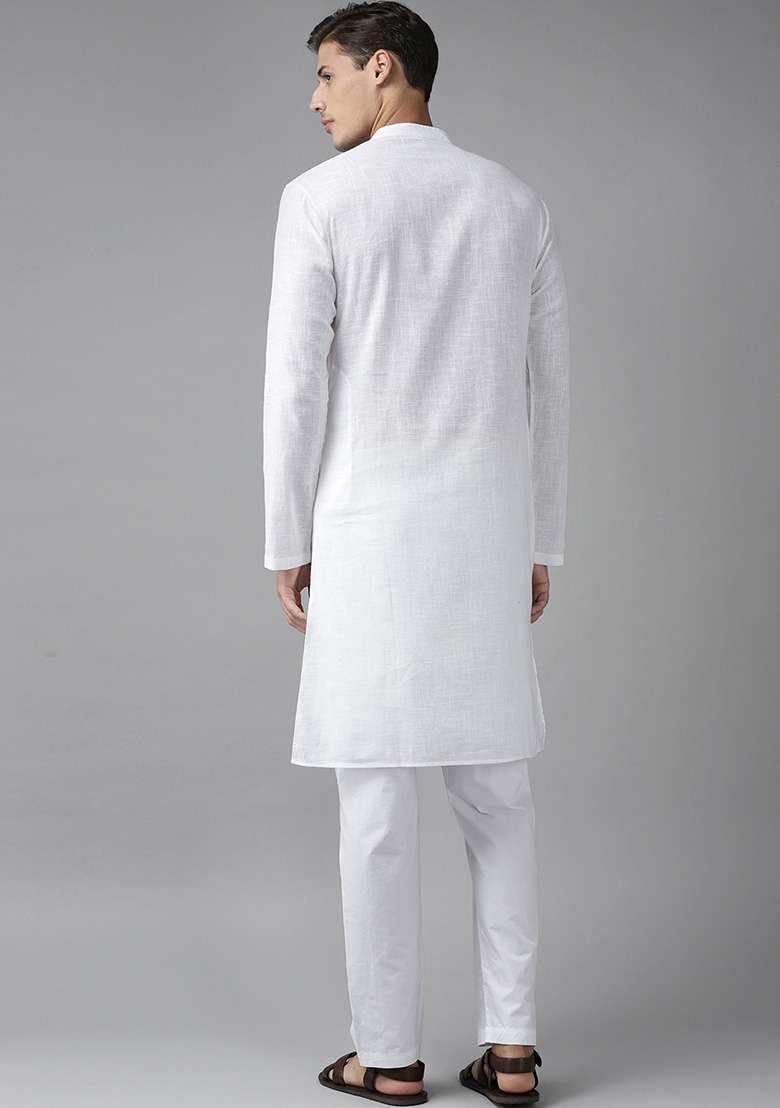 White Slub Straight Cotton Kurta Set For Men - Indya