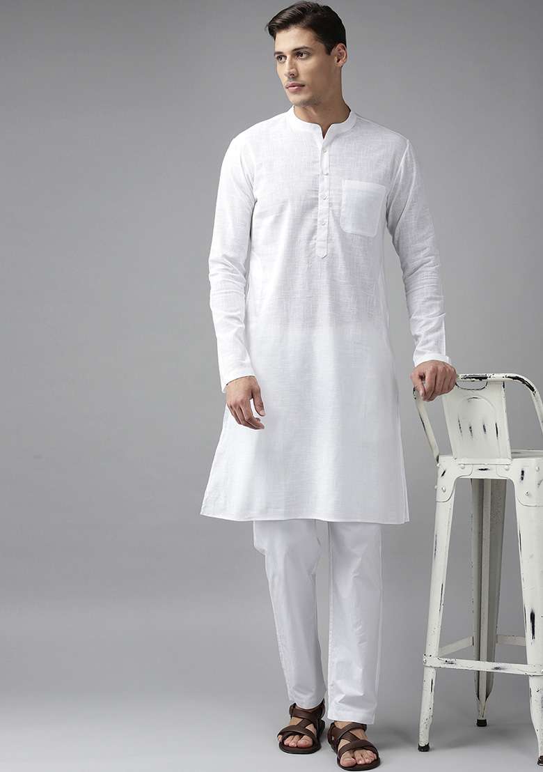 White Slub Straight Cotton Kurta Set For Men - Indya