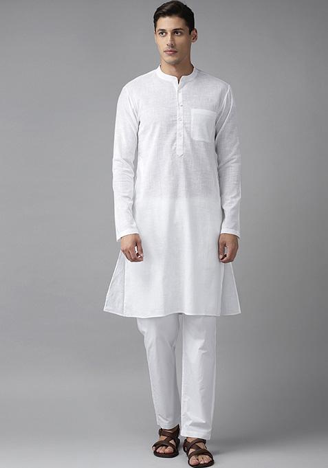 White Slub Straight Cotton Kurta Set For Men — view on Indya
