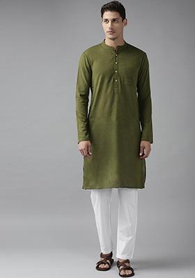 Green Slub Straight Kurta Set For Men