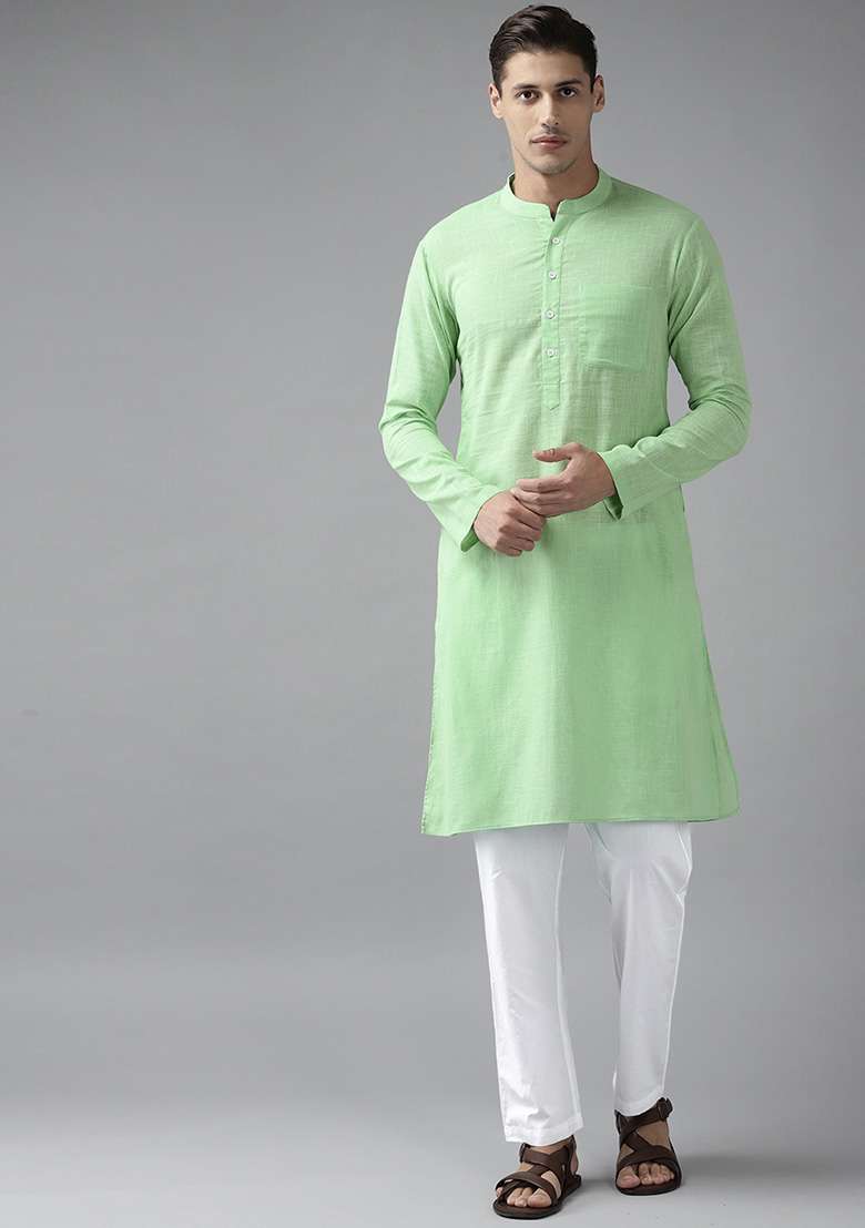 Green Slub Cotton Kurta Set For Men - Indya