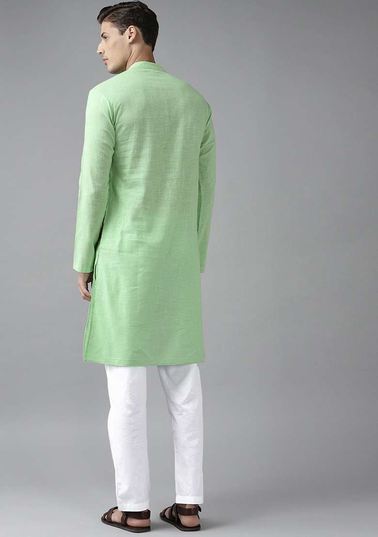 Green Slub Cotton Kurta Set For Men - Indya