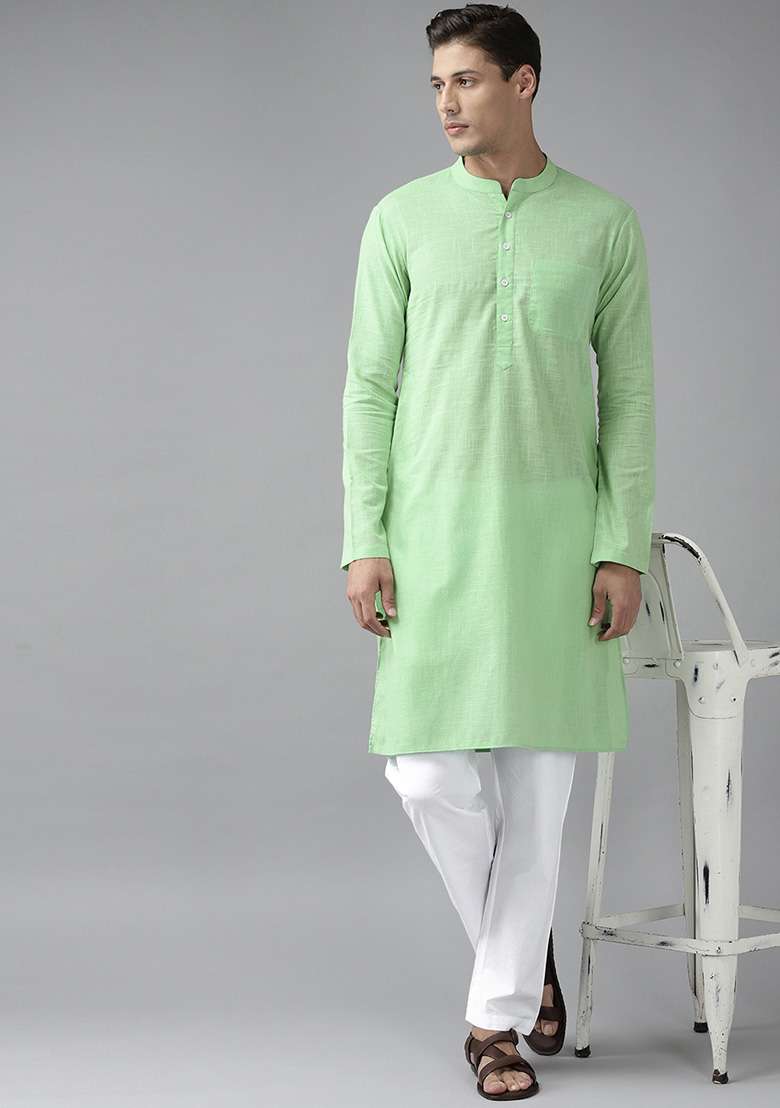 Green Slub Cotton Kurta Set For Men - Indya