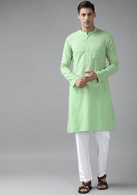 Green Slub Cotton Kurta Set For Men — view on Indya