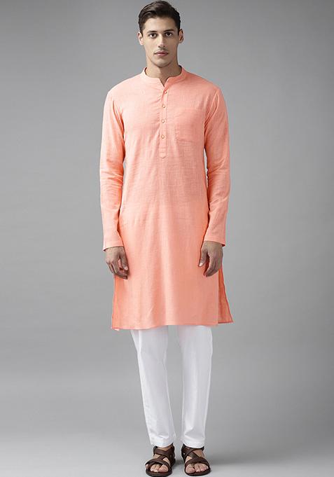Peach Slub Straight Cotton Kurta Set For Men — view on Indya