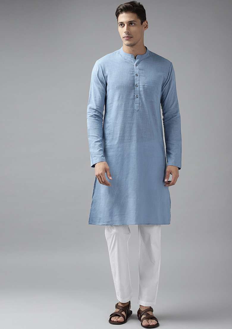 Blue Slub Straight Cotton Kurta Set For Men - Indya