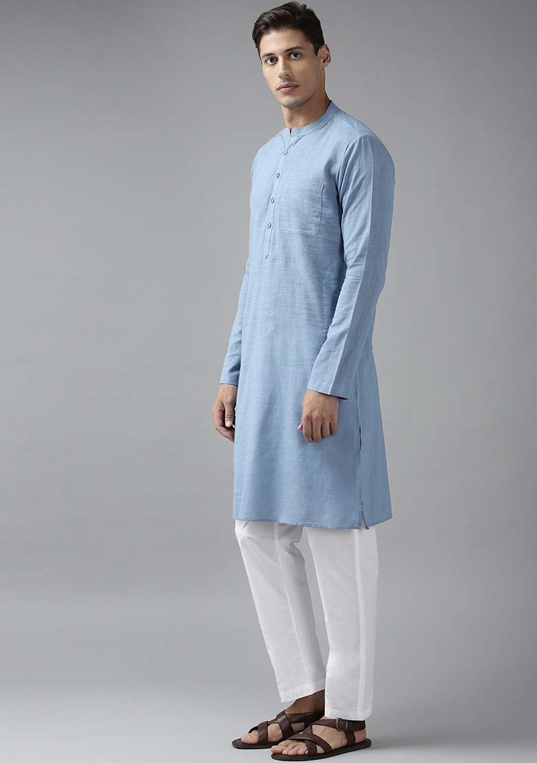 Blue Slub Straight Cotton Kurta Set For Men - Indya