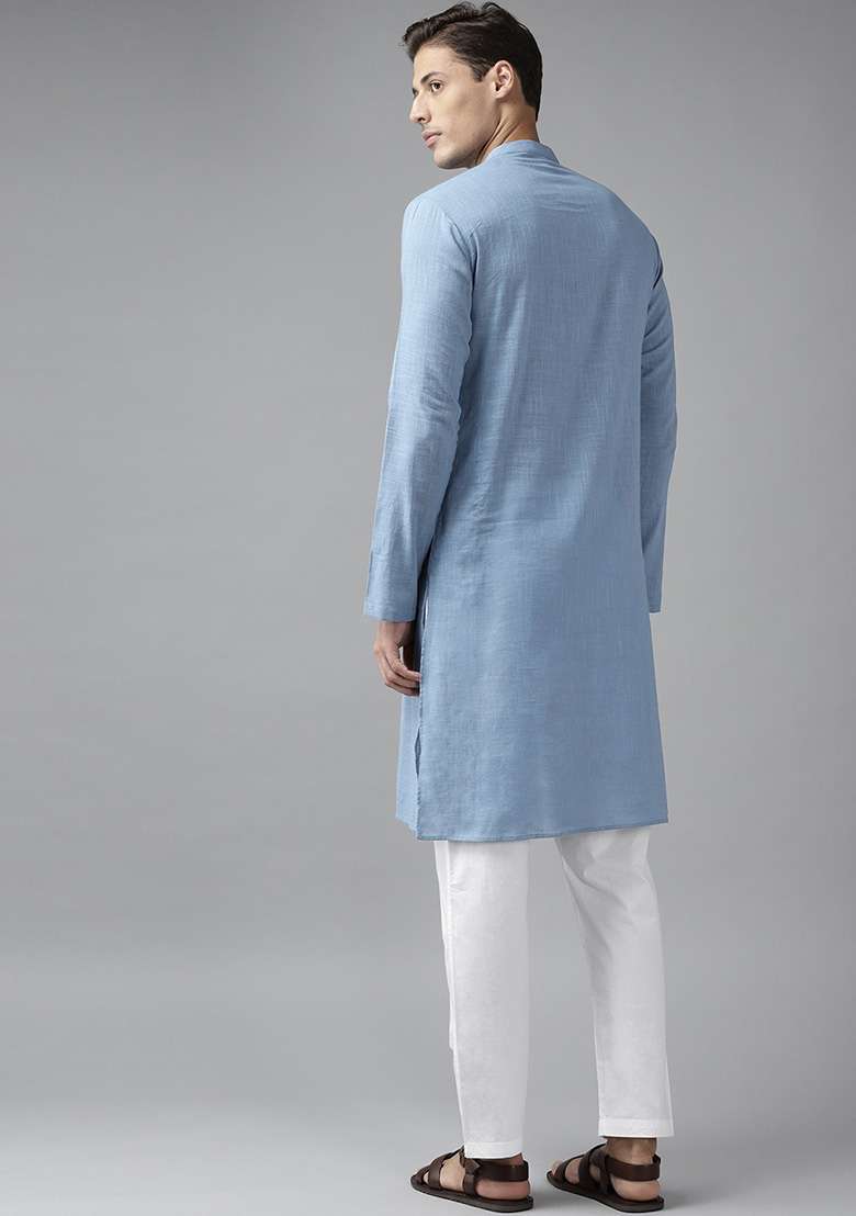 Blue Slub Straight Cotton Kurta Set For Men - Indya