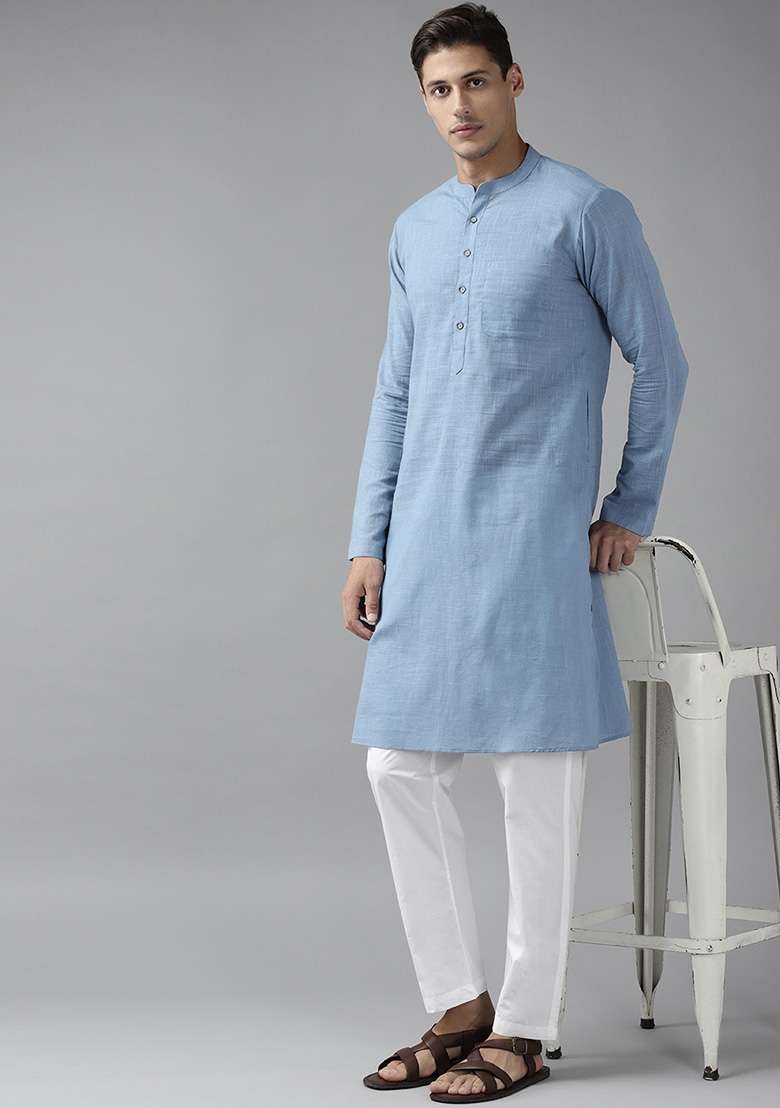 Blue Slub Straight Cotton Kurta Set For Men - Indya