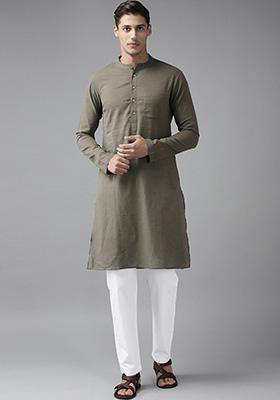 Olive Slub Straight Cotton Kurta Set For Men