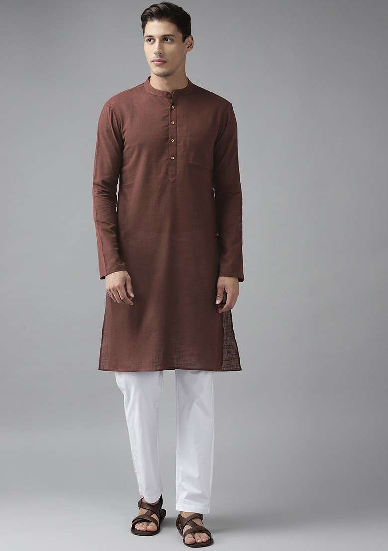 Brown Slub Straight Cotton Kurta Set For Men - Indya