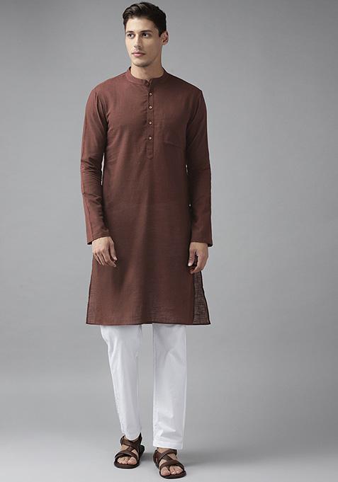 Brown Slub Straight Cotton Kurta Set For Men