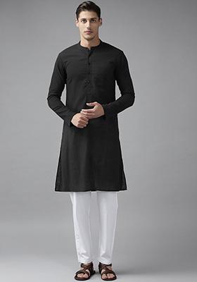 Black Slub Straight Cotton Kurta Set For Men
