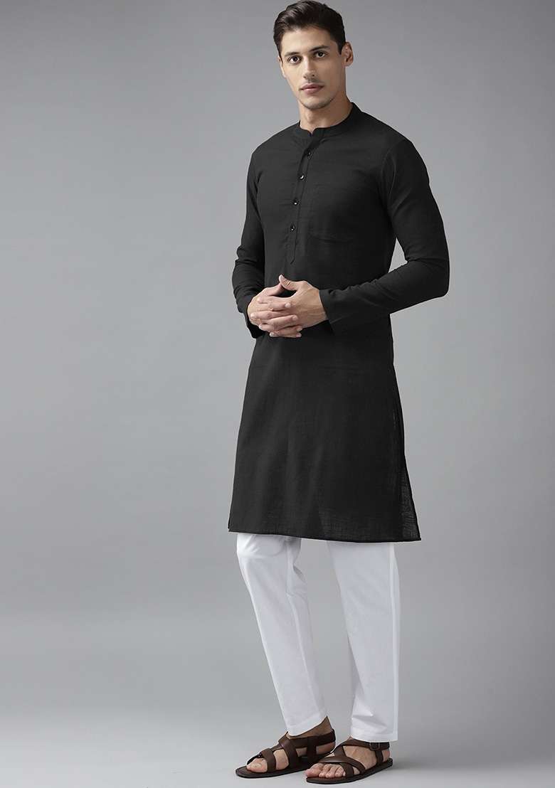 Black Slub Straight Cotton Kurta Set For Men - Indya