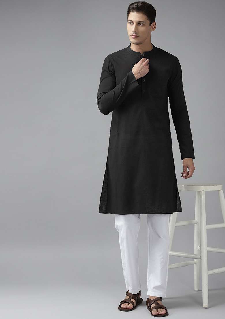 Black Slub Straight Cotton Kurta Set For Men - Indya