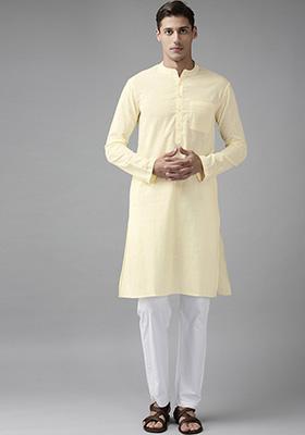 Yellow Slub Straight Kurta Set For Men