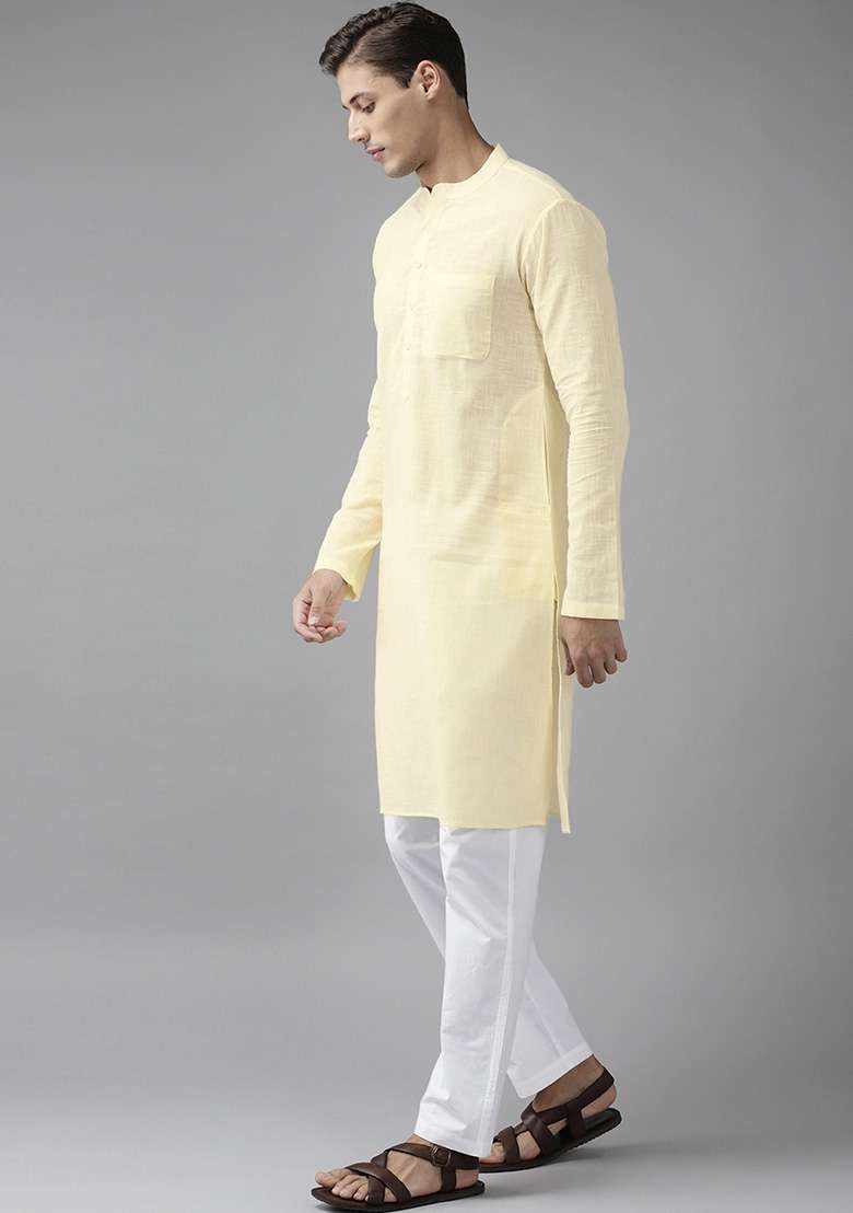 Yellow Slub Straight Kurta Set For Men - Indya