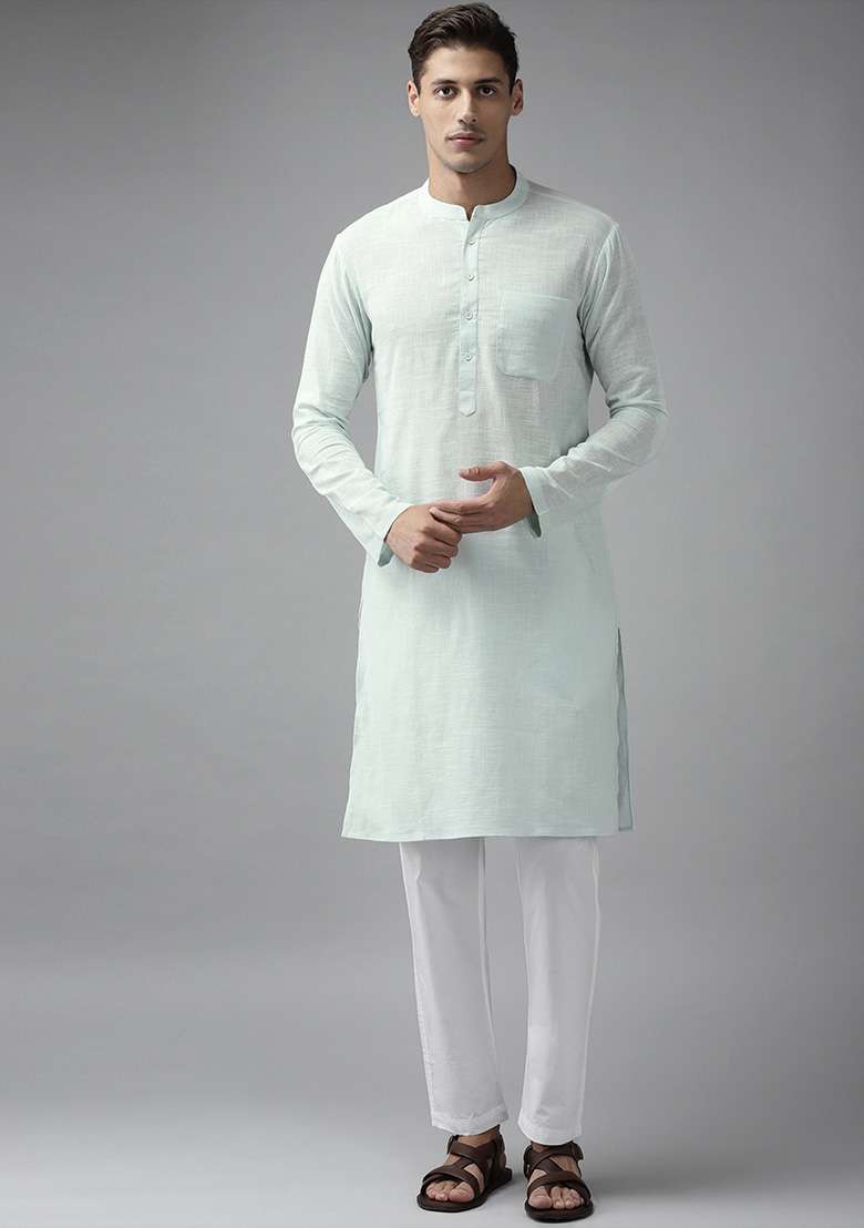 White Slub Cotton Kurta Set For Men - Indya