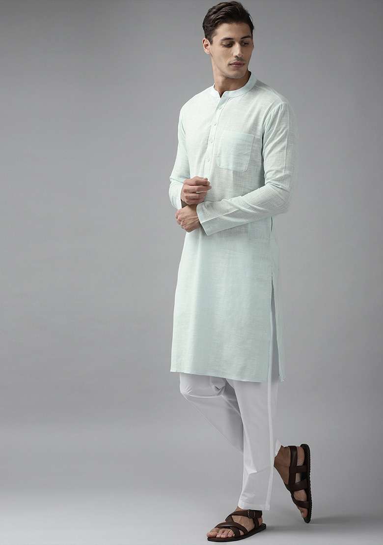 White Slub Cotton Kurta Set For Men - Indya