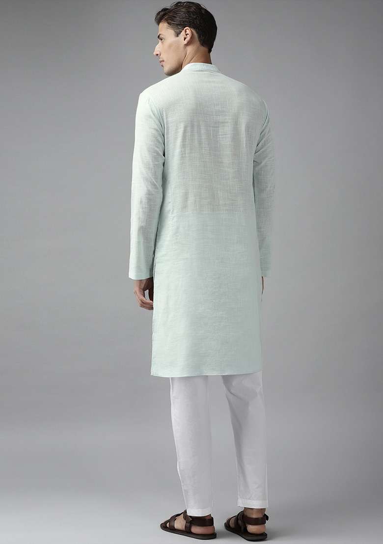 White Slub Cotton Kurta Set For Men - Indya