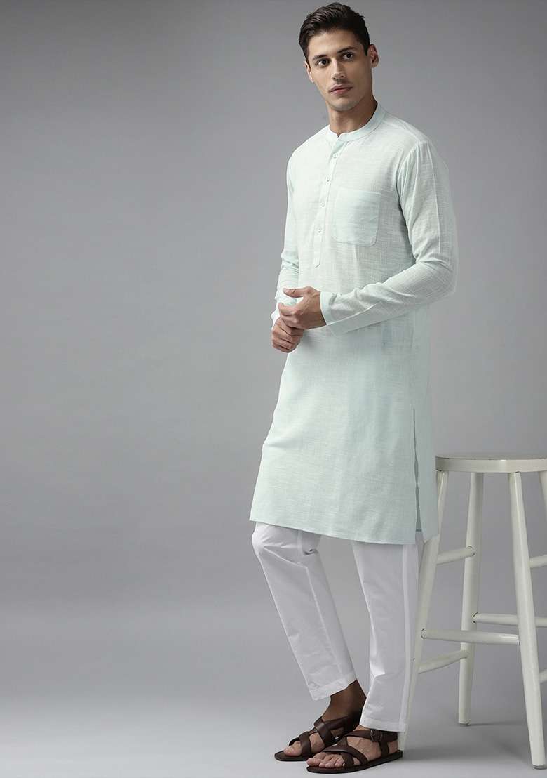 White Slub Cotton Kurta Set For Men - Indya
