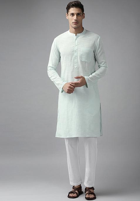 White Slub Cotton Kurta Set For Men — view on Indya
