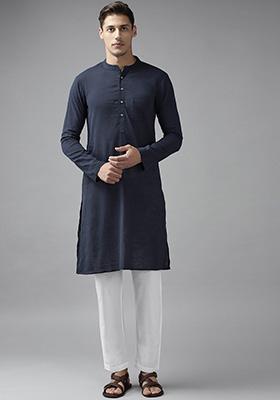 Blue Slub Straight Kurta Set For Men